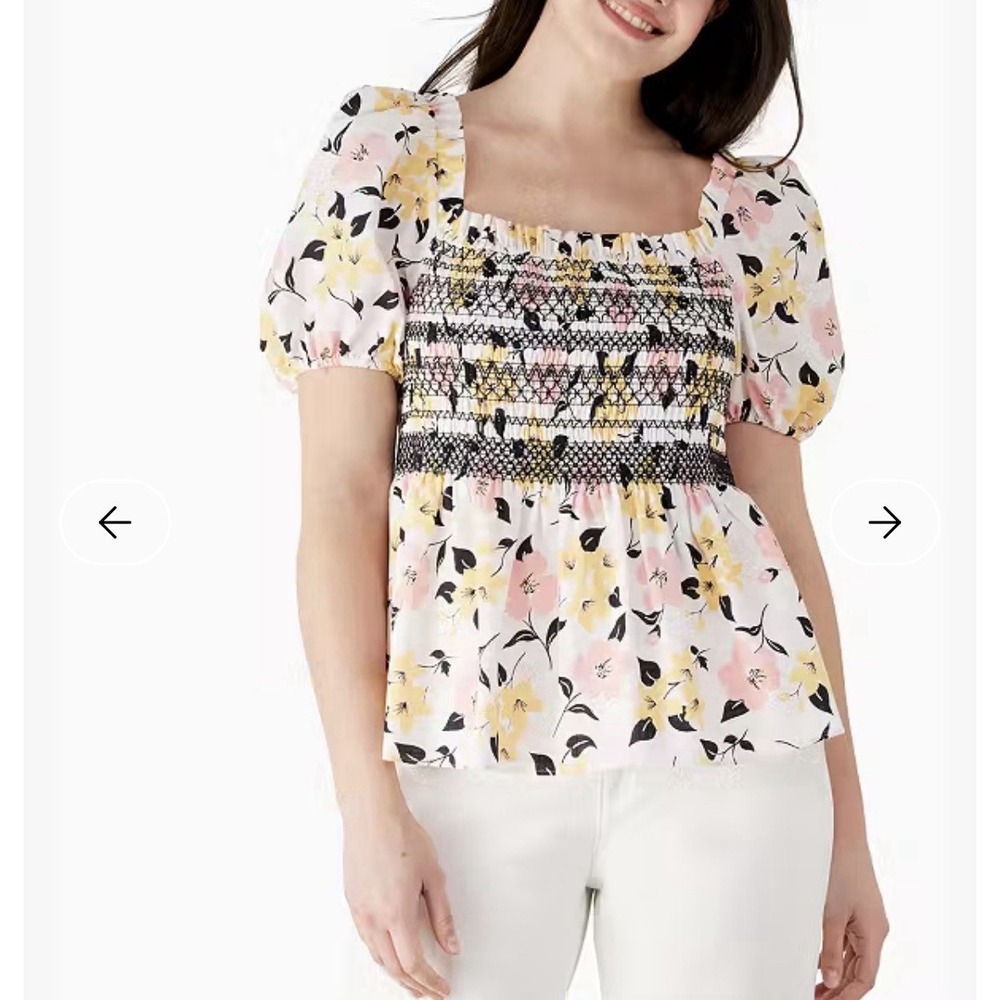Kate Spade Smocked Top Lily Blooms Puff Sleeve Floral Pink Yellow Medium